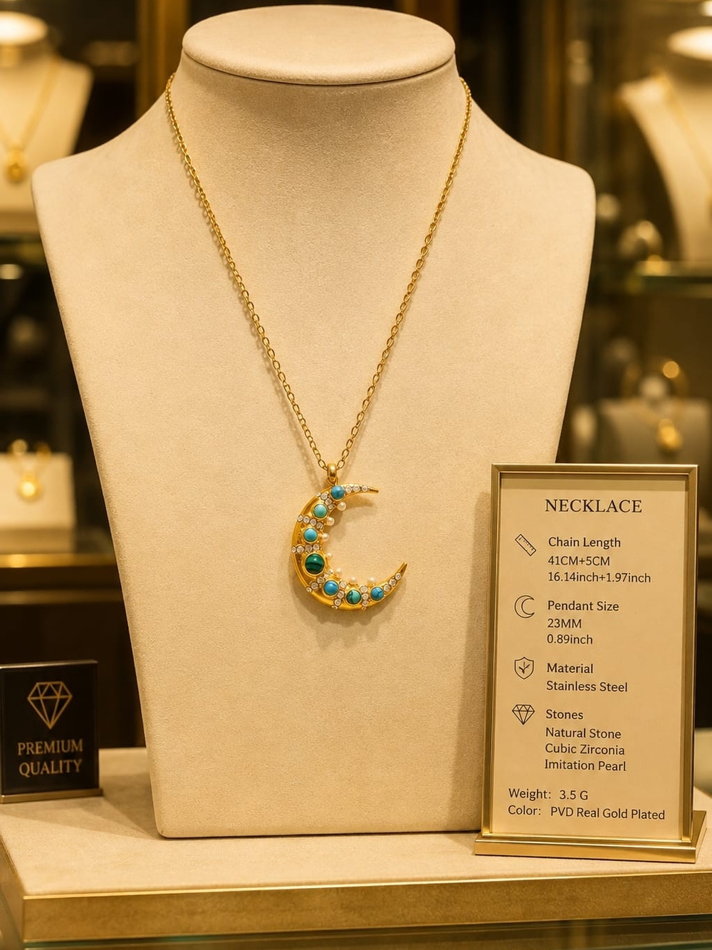 Gold Crescent Moon Pendant Necklace with Turquoise and Green Stones